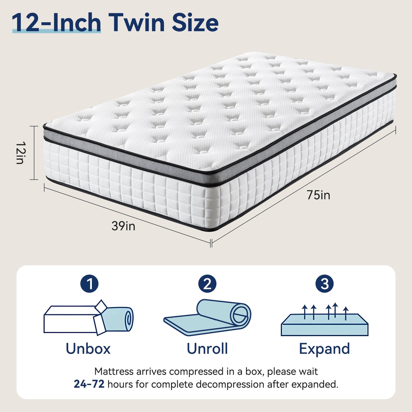 Hillnova 12" Twin Mattress, Euro Top Foam & Pocket Spring Hybrid Mattress in a Box, Plush Comfort, Pressure Relief and Motion Isolation