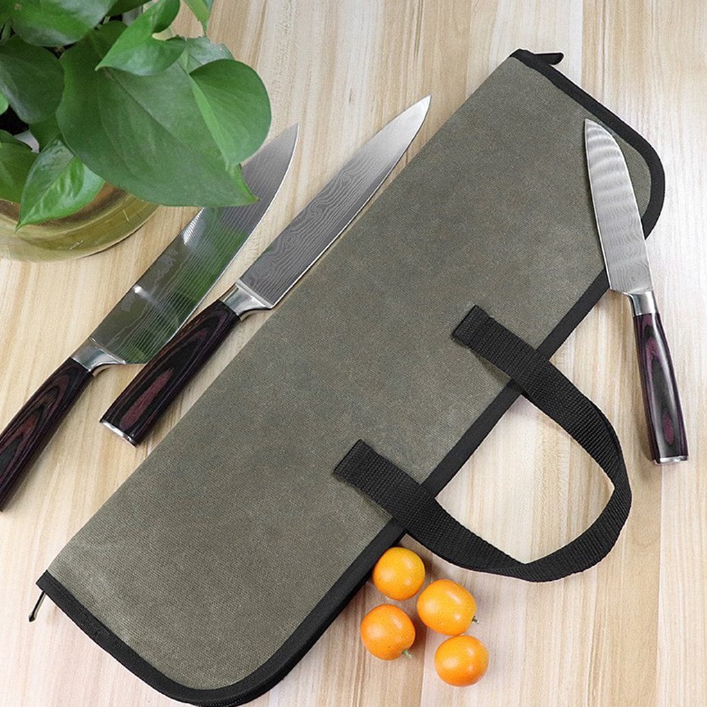 1 Pcs Chef Knife Roll Bag with 4 Slots, Portable Waterproof Waxed Canvas Culinary Roll for Cooking