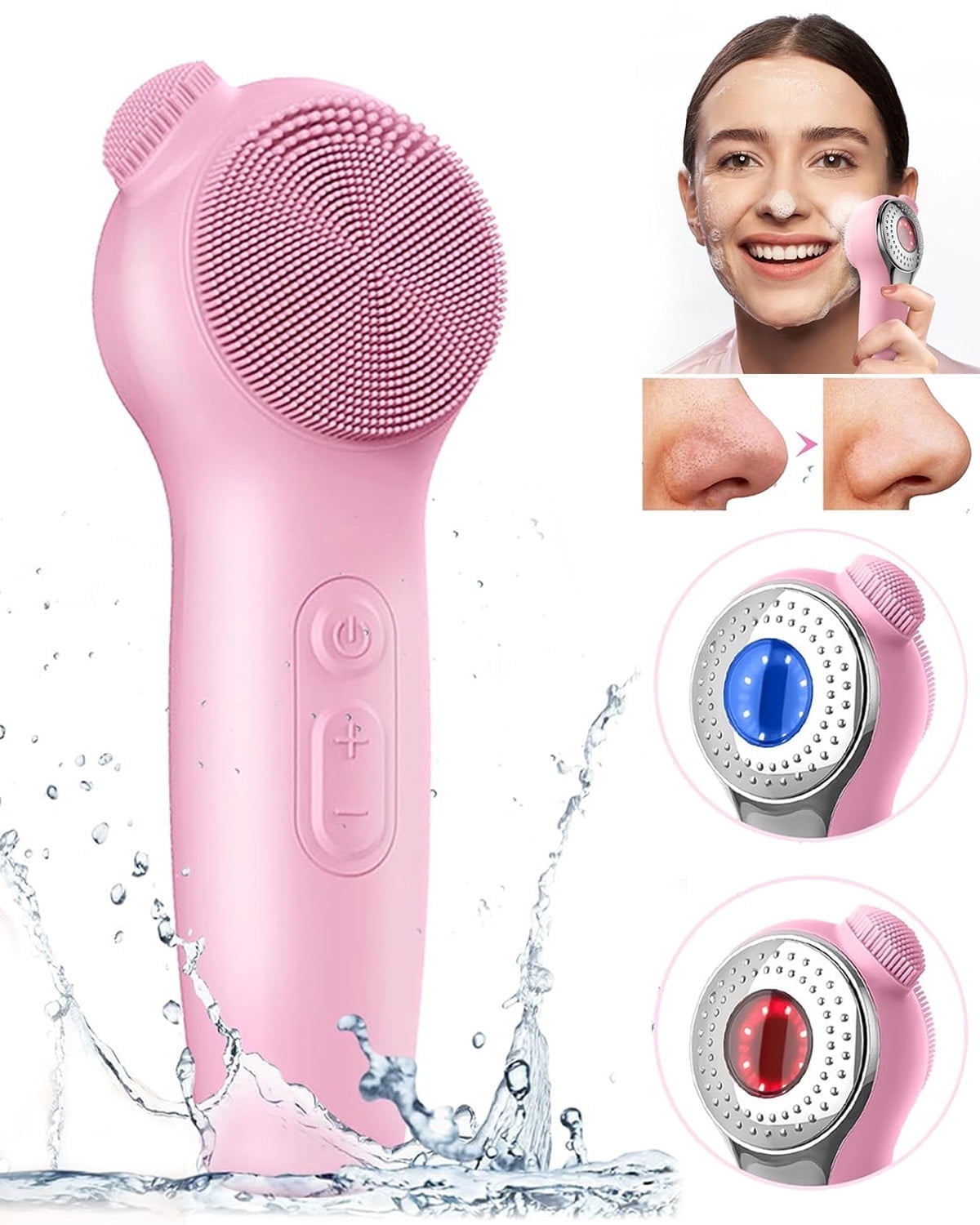 Facial Cleansing Brush, IPX7 Waterproof Sonic Face Brush for All Skin Types, Electric Silicone Face Scrubber with Nose Scrubber for Deep Cleansing and Exfoliation, Pink