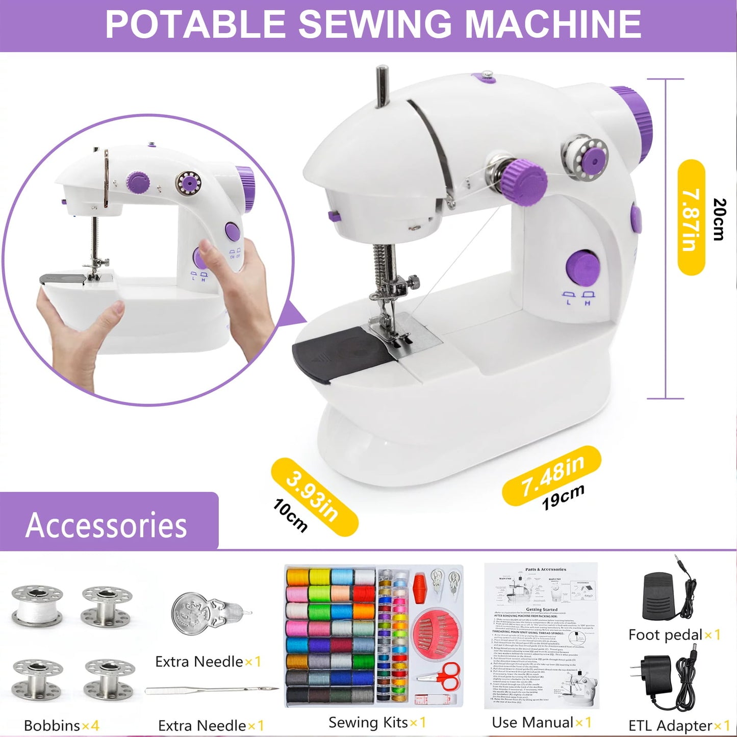 Fixdono Mini Sewing Machine for Beginner, 111-Piece Portable Sewing Machine 7.48"L x 3.93"W x 7.87"H