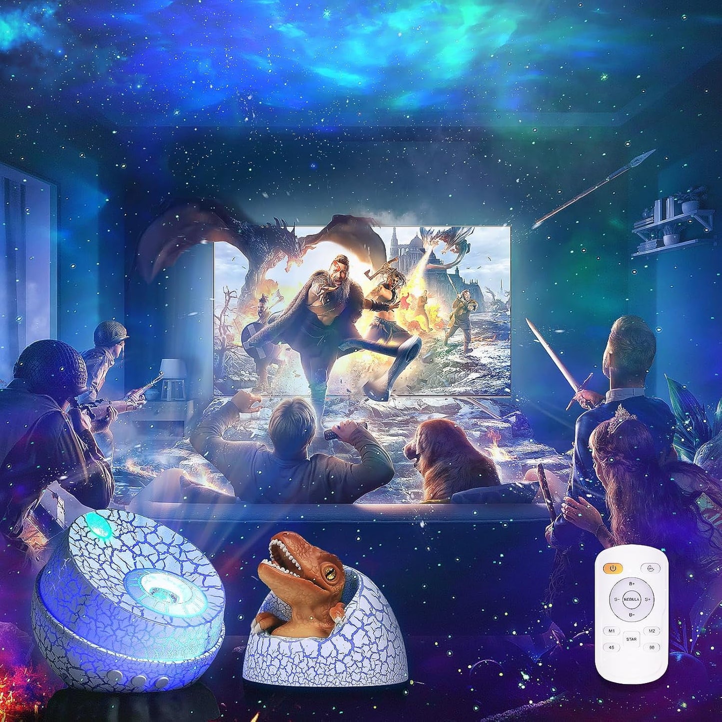 Fixdono Star Projector, LED Galaxy Light with Bt Music, 8 Color Dinosaur Egg Night Light for Kids
