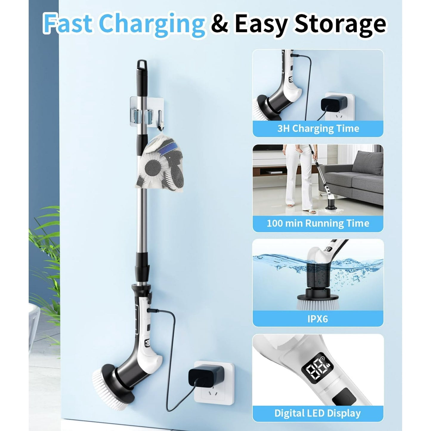 Lightweight Electric Spin Scrubber, Adjustable Handle, 3 Speed Mode Power Electric Scrubber for Cleaning, Cordless Shower Cleaning Brush with 8 Brush Heads for Bathroom,Tub,Floor,Tile(Black-White)