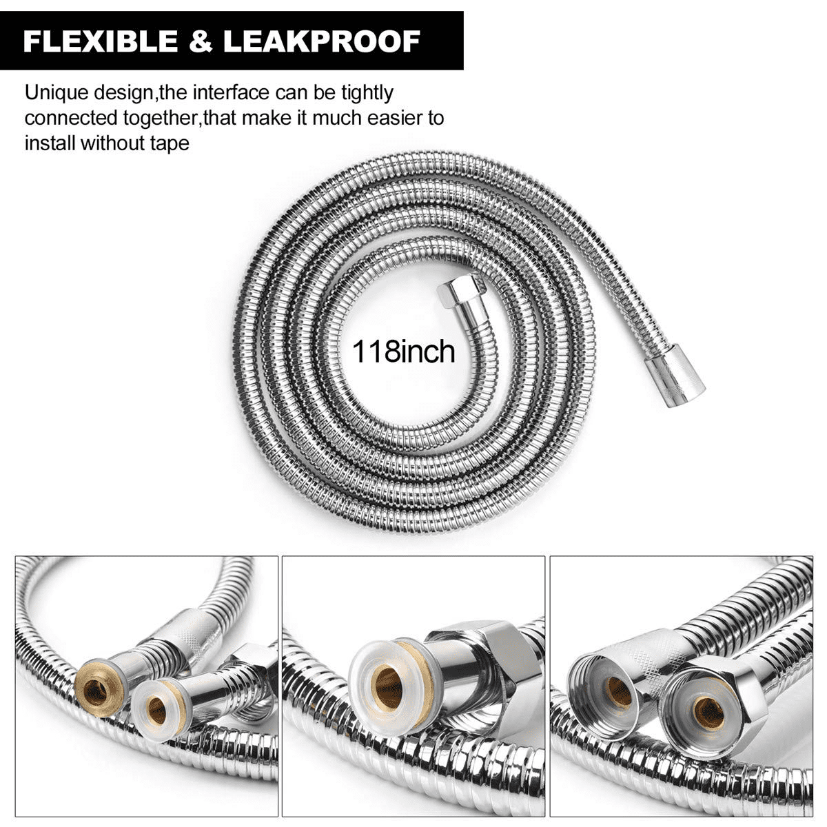 Fixdono Shower Hose Extra Long 118", Chrome Handheld Shower Head Hose with Brass Insert and Nut