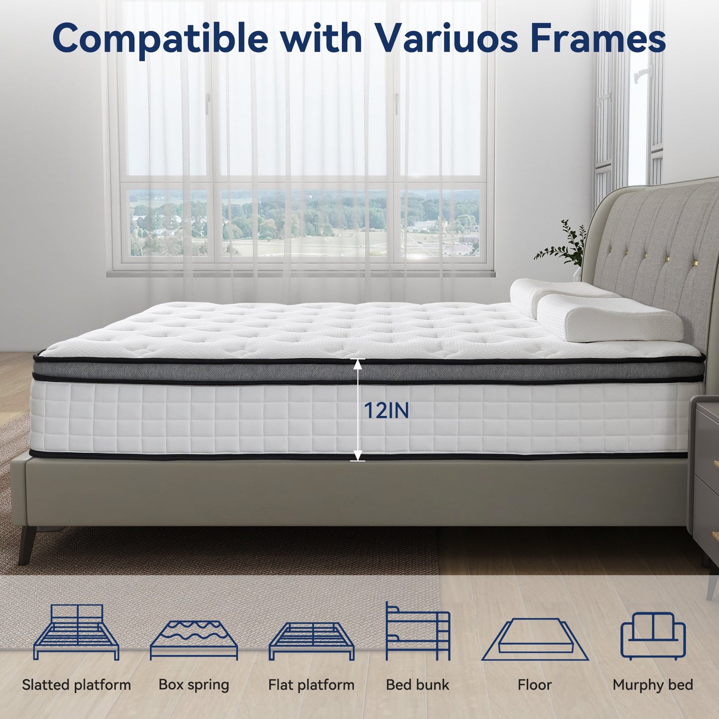 Hillnova 12" Queen Mattress, Euro Top Foam & Pocket Spring Hybrid Mattress in a Box, Plush Comfort, Pressure Relief and Motion Isolation
