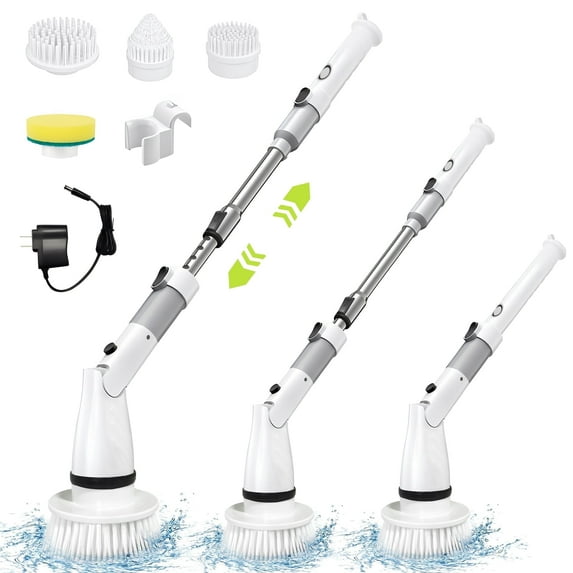 Electric Spin Scrubber, Cordless Power Brush Floor Scrubber with Adjustable Extension Arm and 4 Replaceable Bathroom Cleaning Brush Heads, Ideal for Tub, Tile, and Floor Cleaning