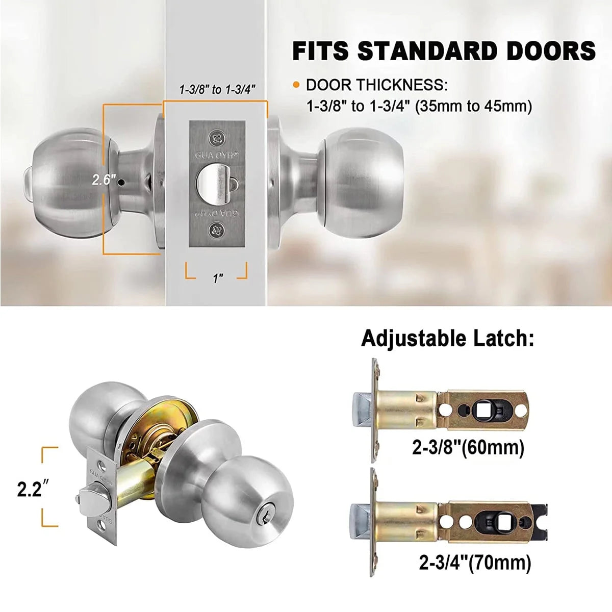 Sentryse Ball Door Knob with Lock and Key,Stainless Steel Entrance Door Lock,Keyed Entry Door Knob Set,Bedroom Door Knobs,Round Ball Handle