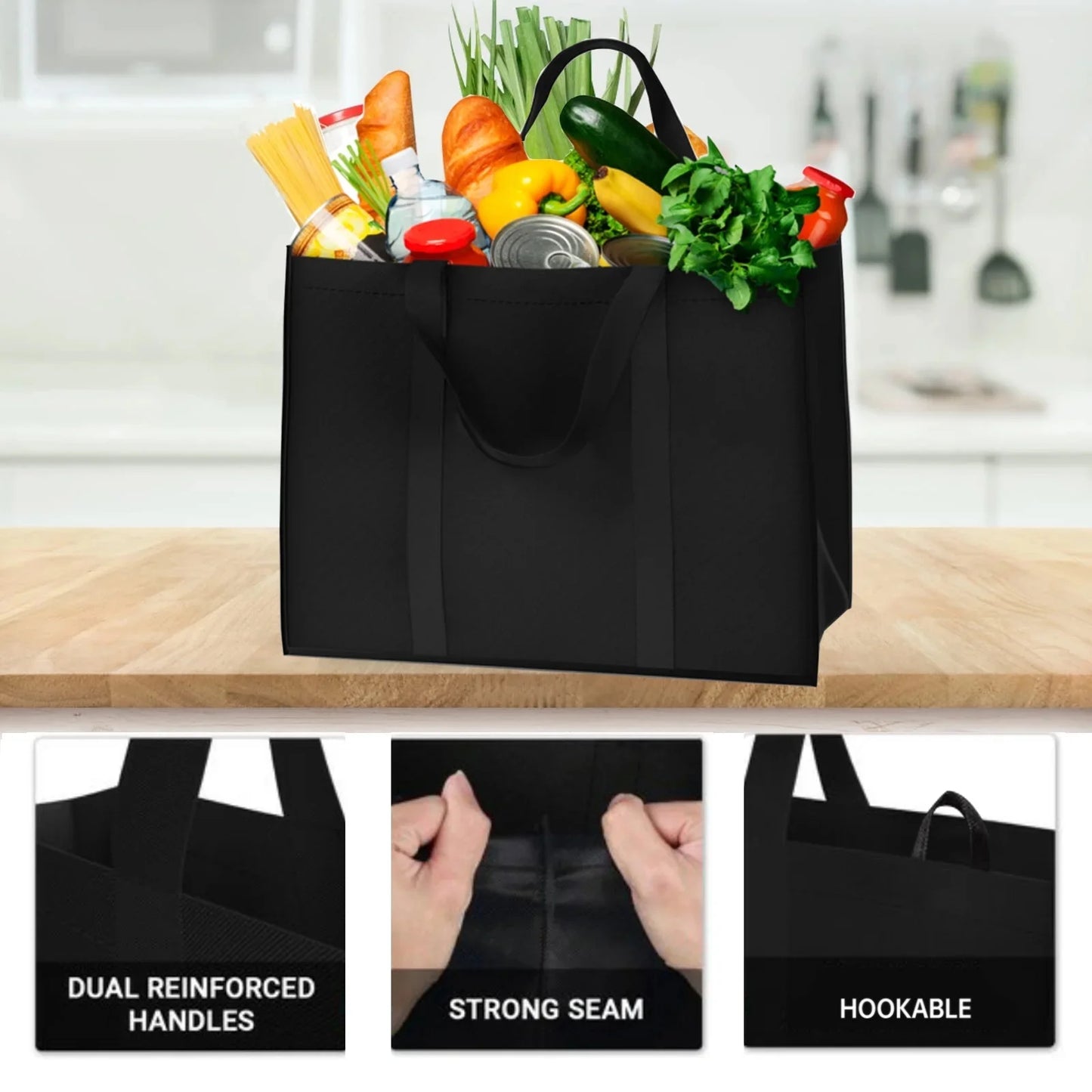 Sentryse Set of 3 Reusable Grocery Bags,Large Foldable Heavy Duty Bag, Shopping Tote Produce Bag with Reinforced Handles & Thick Plastic Support Bottom, Black Washable Storage
