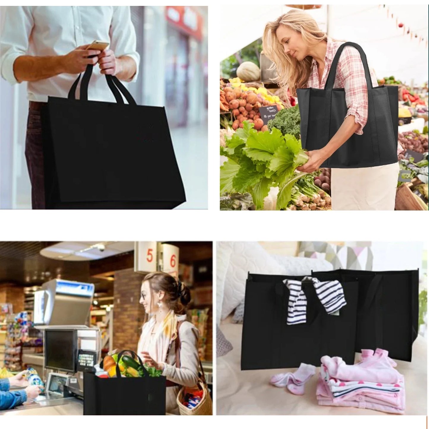 Sentryse Set of 3 Reusable Grocery Bags,Large Foldable Heavy Duty Bag, Shopping Tote Produce Bag with Reinforced Handles & Thick Plastic Support Bottom, Black Washable Storage