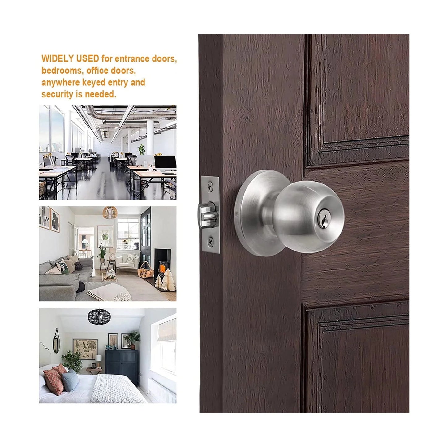 Sentryse Ball Door Knob with Lock and Key,Stainless Steel Entrance Door Lock,Keyed Entry Door Knob Set,Bedroom Door Knobs,Round Ball Handle