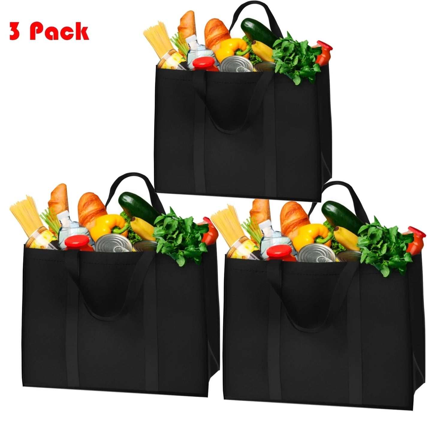 Sentryse Set of 3 Reusable Grocery Bags,Large Foldable Heavy Duty Bag, Shopping Tote Produce Bag with Reinforced Handles & Thick Plastic Support Bottom, Black Washable Storage