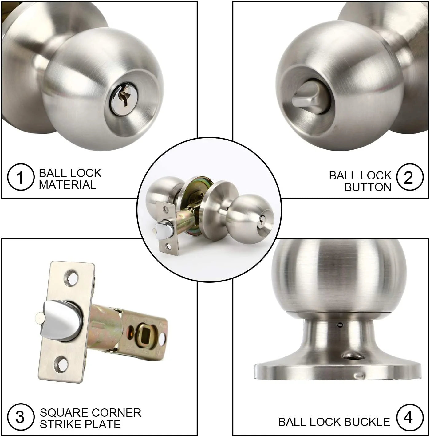 Sentryse Ball Door Knob with Lock and Key,Stainless Steel Entrance Door Lock,Keyed Entry Door Knob Set,Bedroom Door Knobs,Round Ball Handle