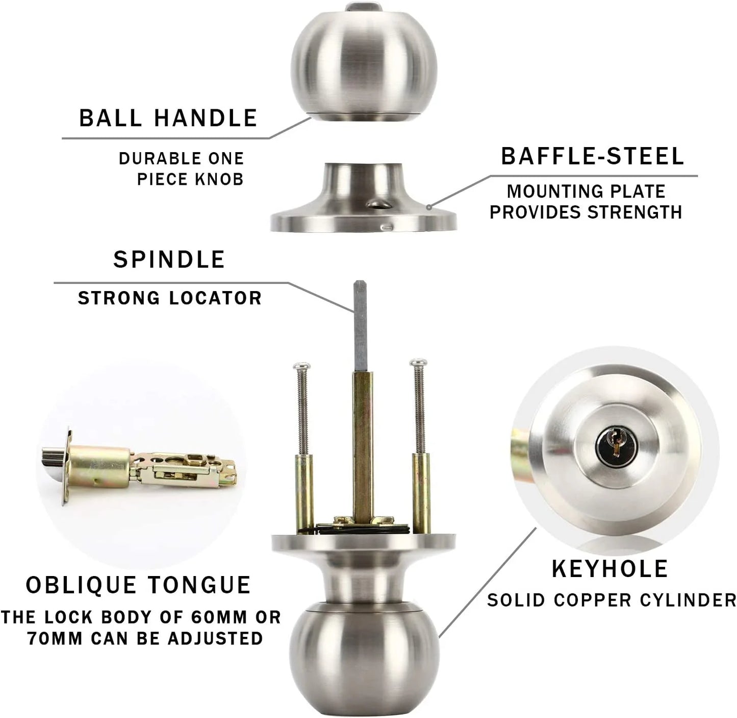 Sentryse Ball Door Knob with Lock and Key,Stainless Steel Entrance Door Lock,Keyed Entry Door Knob Set,Bedroom Door Knobs,Round Ball Handle