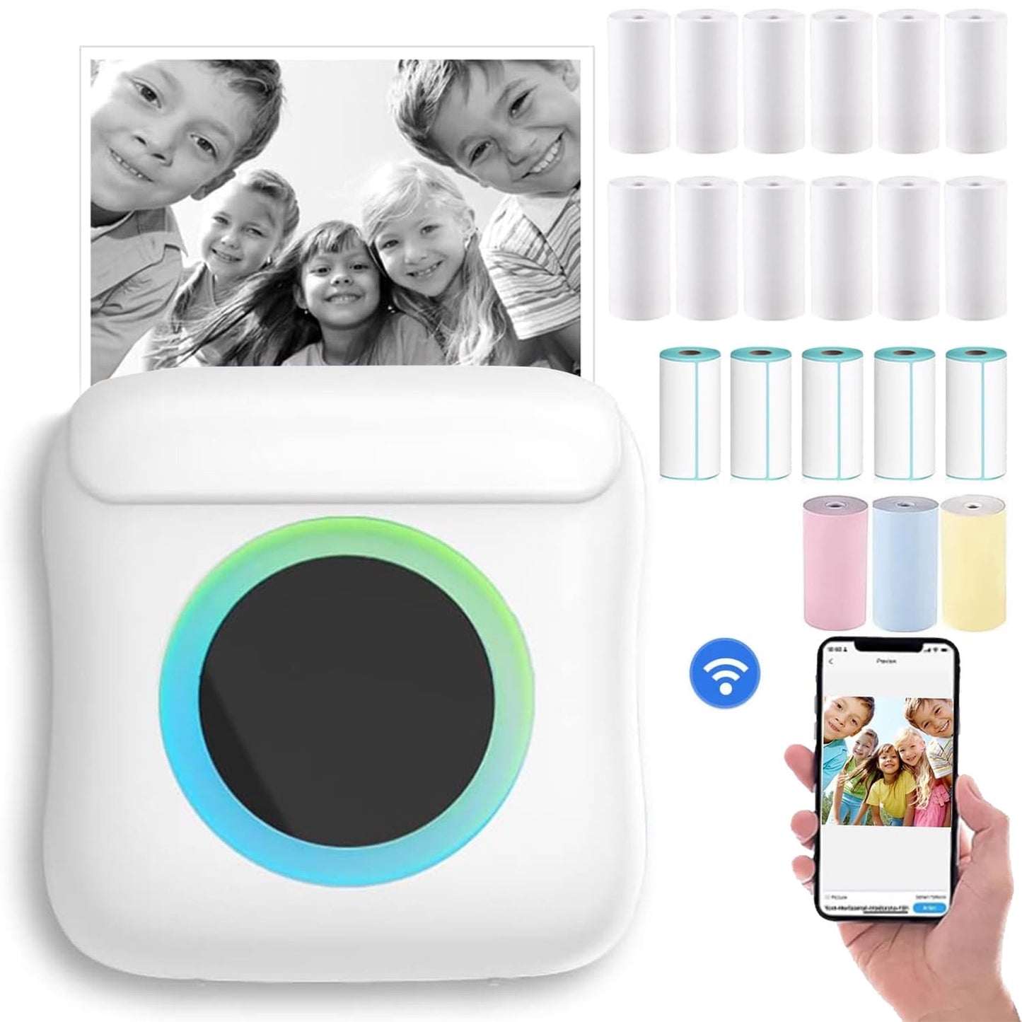 Mini Sticker Printer, Bluetooth Smart Pocket Inkless Thermal Printer with 20 Rolls Paper and Sticker