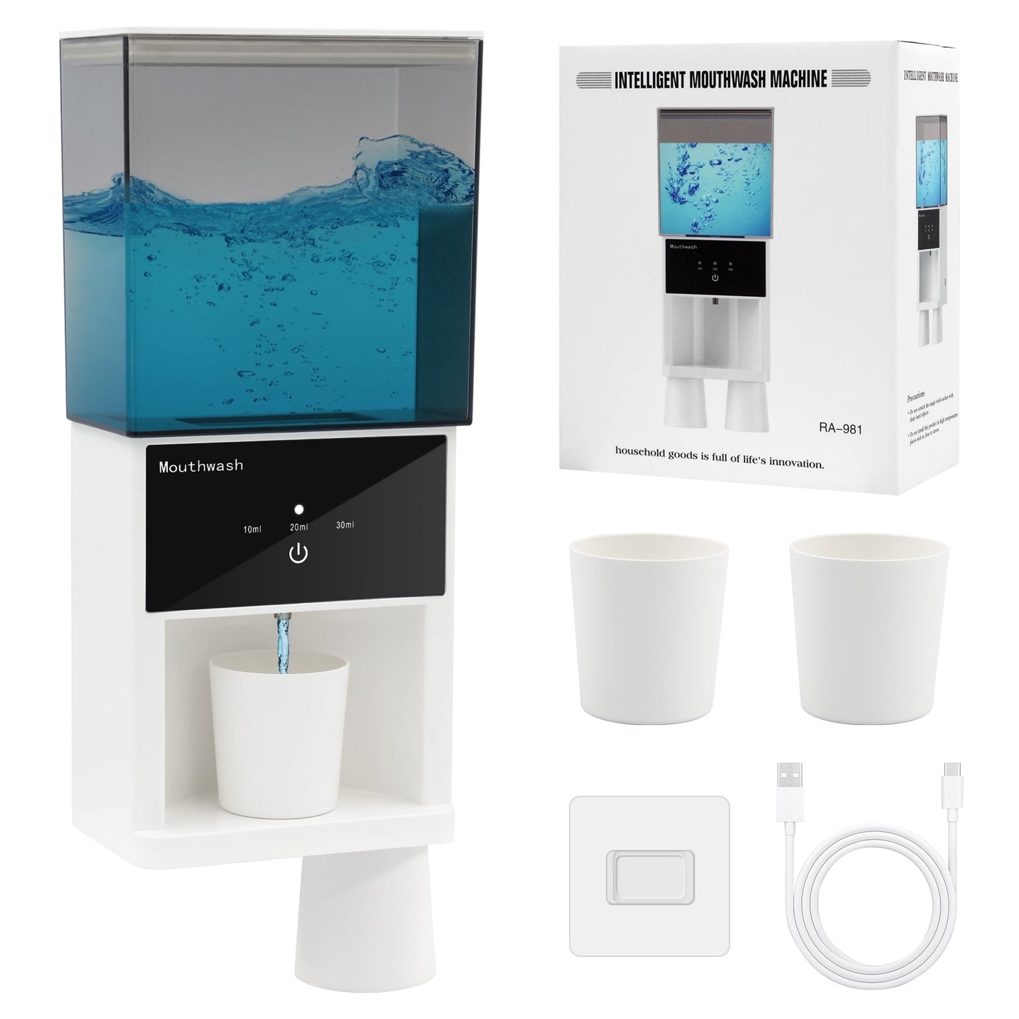 1 pcs 20oz Automatic Mouthwash Dispenser, 3 Dispensing Levels, Sensor-Activated Electric Mouth Wash Dispensers for Bathroom, Smart Mouthwash Dispenser with 2 Magnetic Cups, Wall-Mounted£¦Countertop