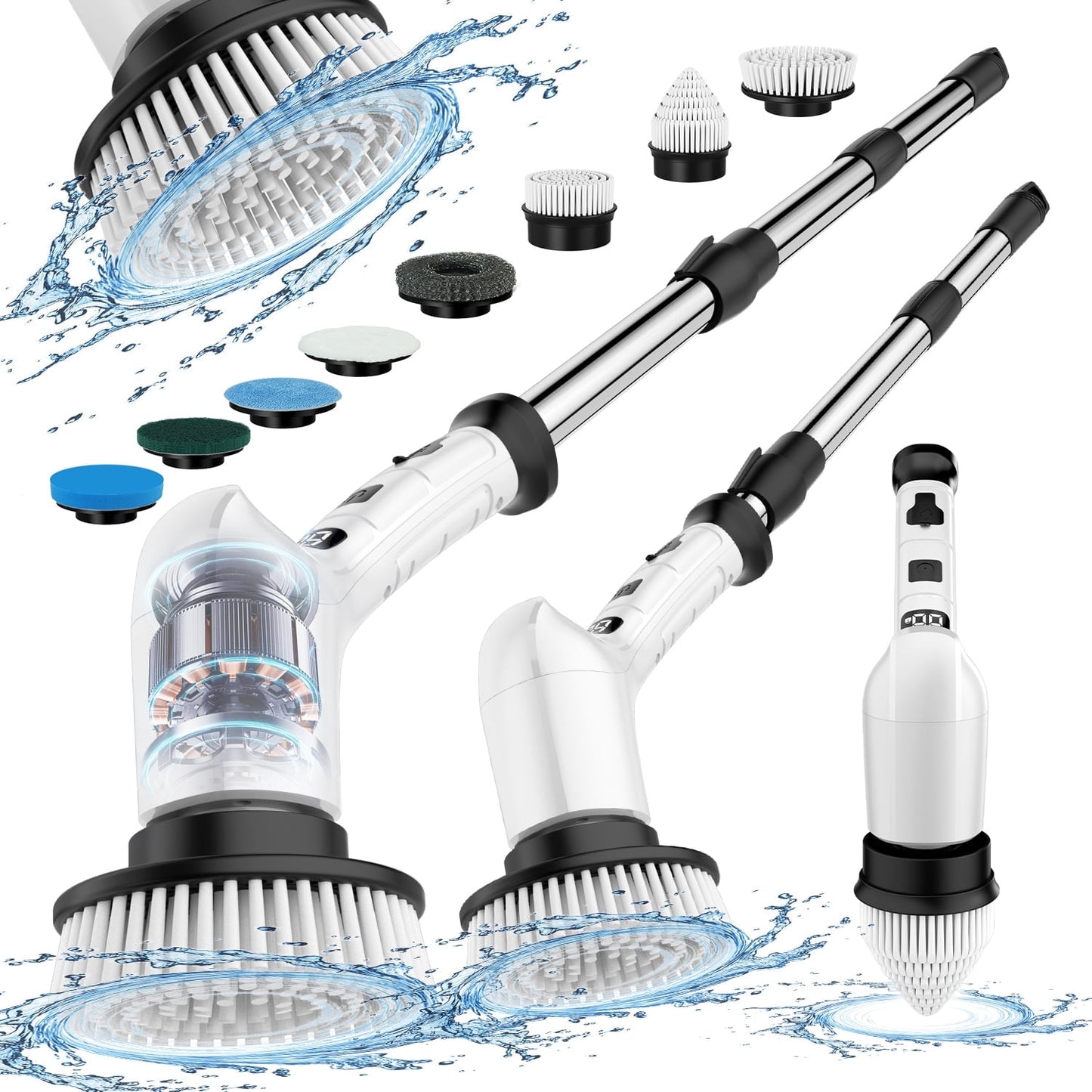 Lightweight Electric Spin Scrubber, Adjustable Handle, 3 Speed Mode Power Electric Scrubber for Cleaning, Cordless Shower Cleaning Brush with 8 Brush Heads for Bathroom, Tub, Floor, Tile (White)