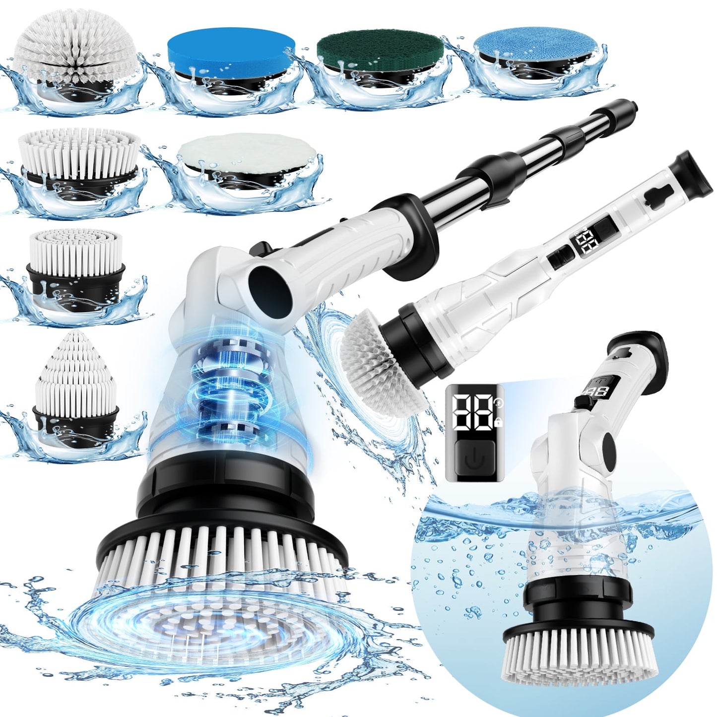 Electric Spin Scrubber, Adjustable Angle & Extension Handle, 3 Speed Mode Power Electric Scrubber for Cleaning, Cordless Shower Cleaning Brush with 8 Brush Heads for Bathroom/Tub/Floor/Tile