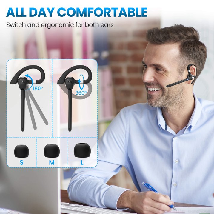 CreWear Bluetooth Headset, Wireless Bluetooth Earpiece with 500mAh Charging Case, Hand-Free Noise Canceling Headphones for Computer Trucker Office