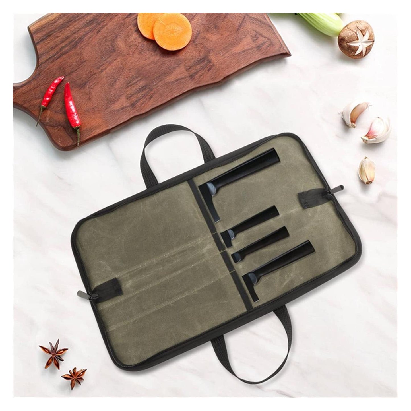 1 Pcs Chef Knife Roll Bag with 4 Slots, Portable Waterproof Waxed Canvas Culinary Roll for Cooking