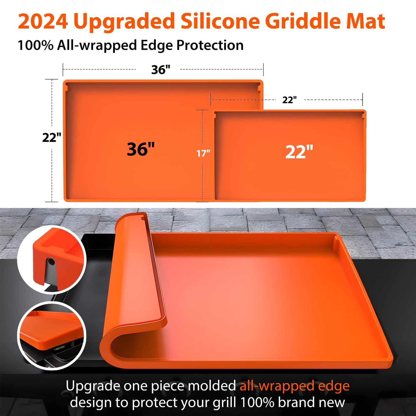 Fixdono 36" Silicone Griddle Mat for Blackstone, Full-Edge Protective, Food-Grade Silicone Griddle Cover, Orange