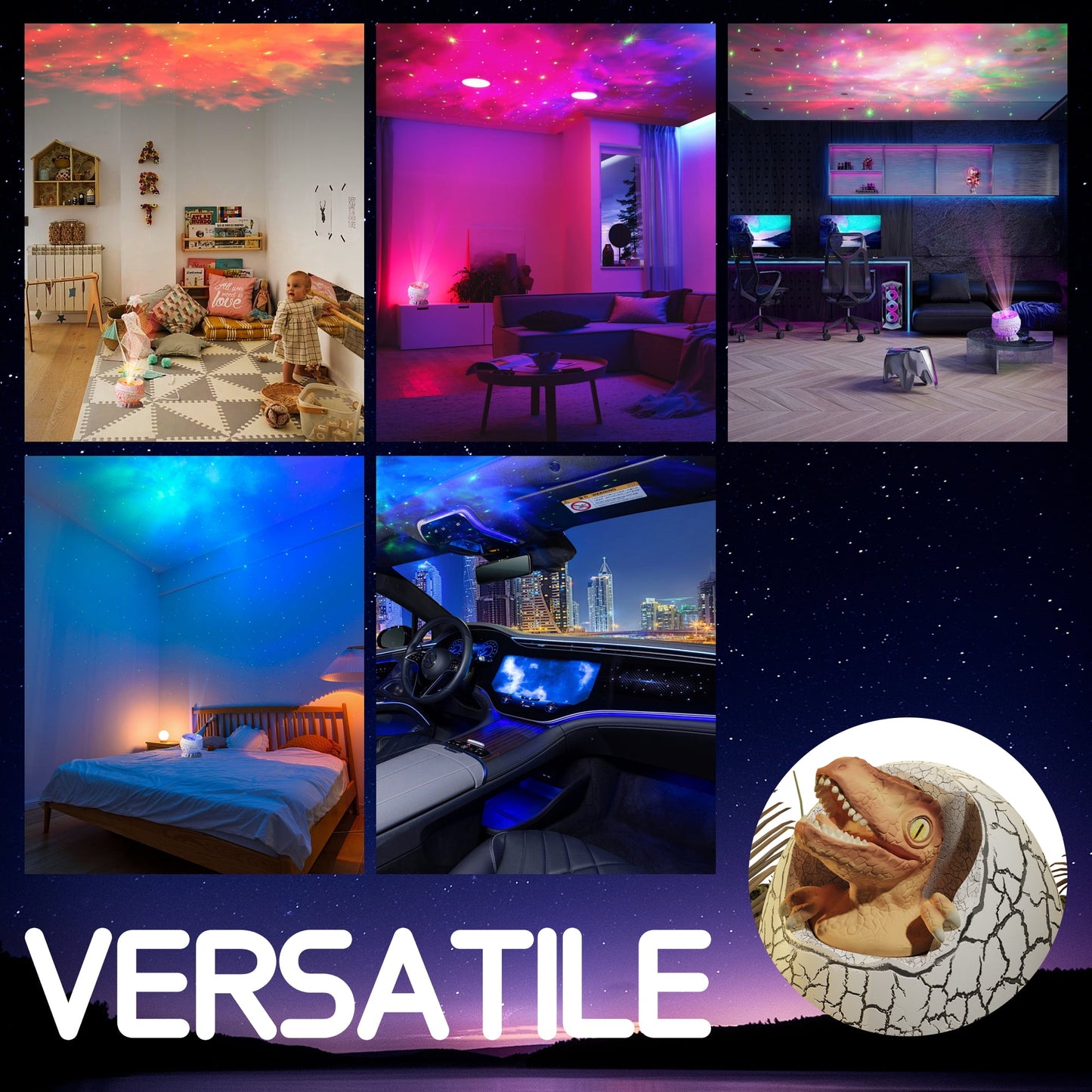 Fixdono Star Projector, LED Galaxy Light with Bt Music, 8 Color Dinosaur Egg Night Light for Kids