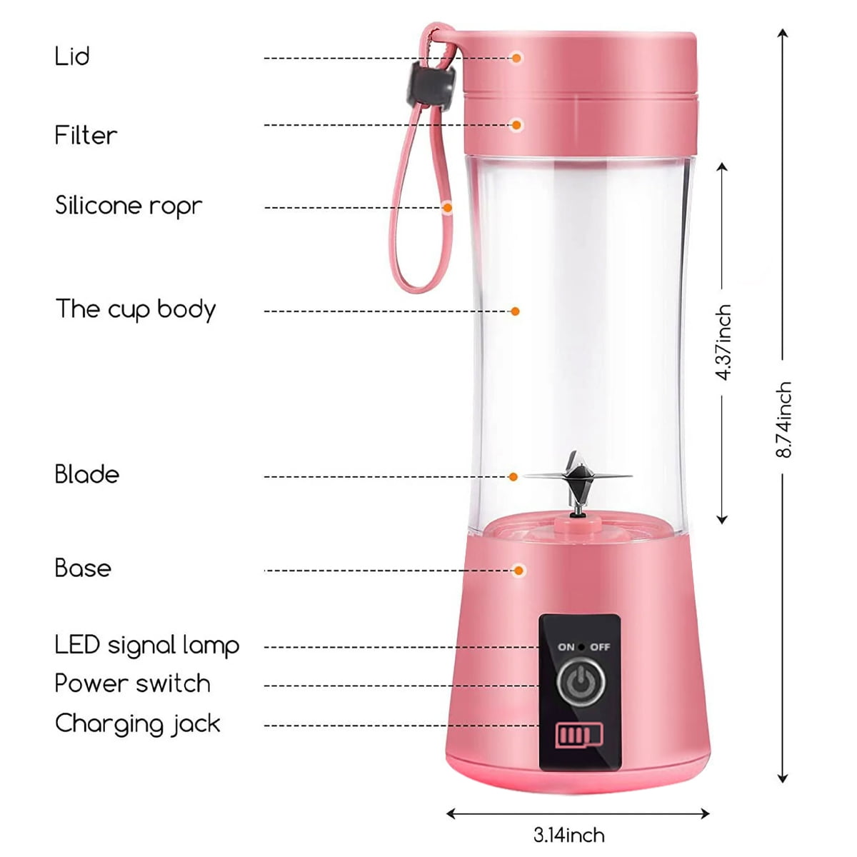 1 Pcs Portable Blender Travel Juicer Smoothie Juicer Cup - four Blades in 3D, Fruit Mixing Machine with 2000mAh USB Rechargeable Batteries