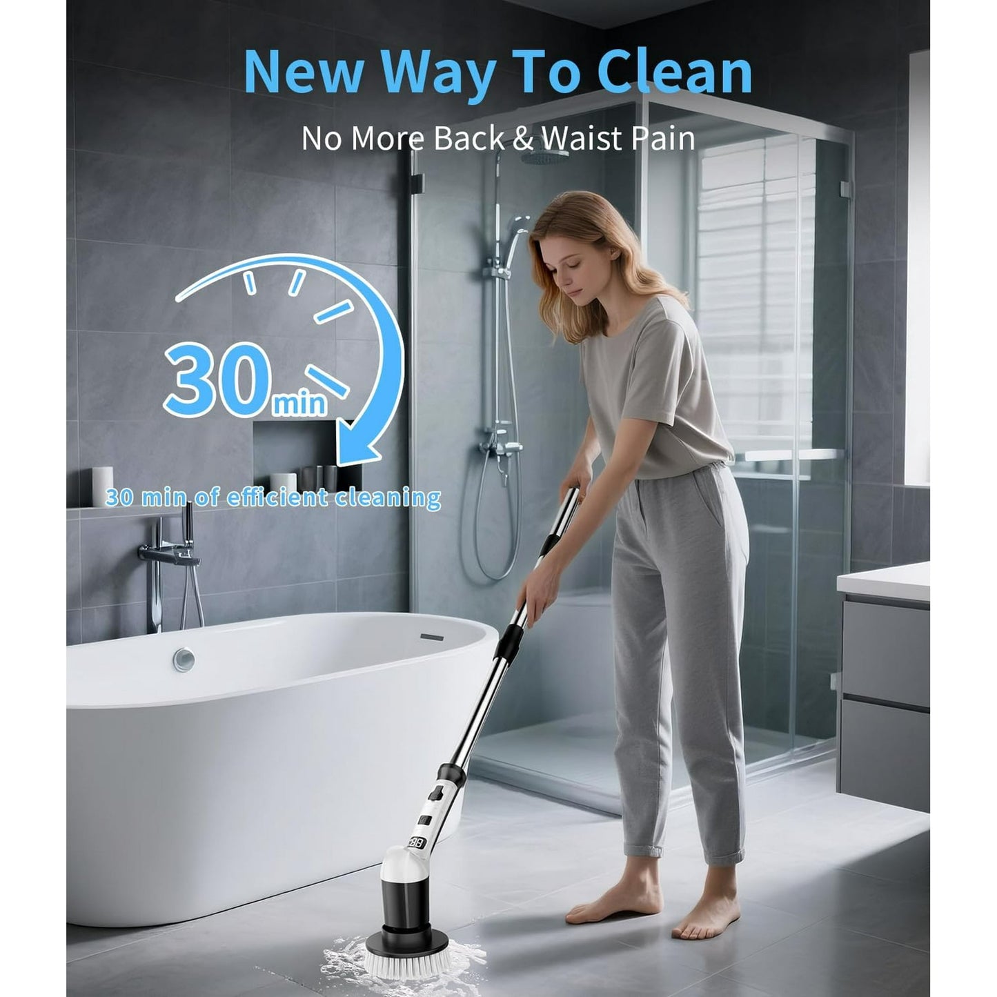 Lightweight Electric Spin Scrubber, Adjustable Handle, 3 Speed Mode Power Electric Scrubber for Cleaning, Cordless Shower Cleaning Brush with 8 Brush Heads for Bathroom,Tub,Floor,Tile(Black-White)