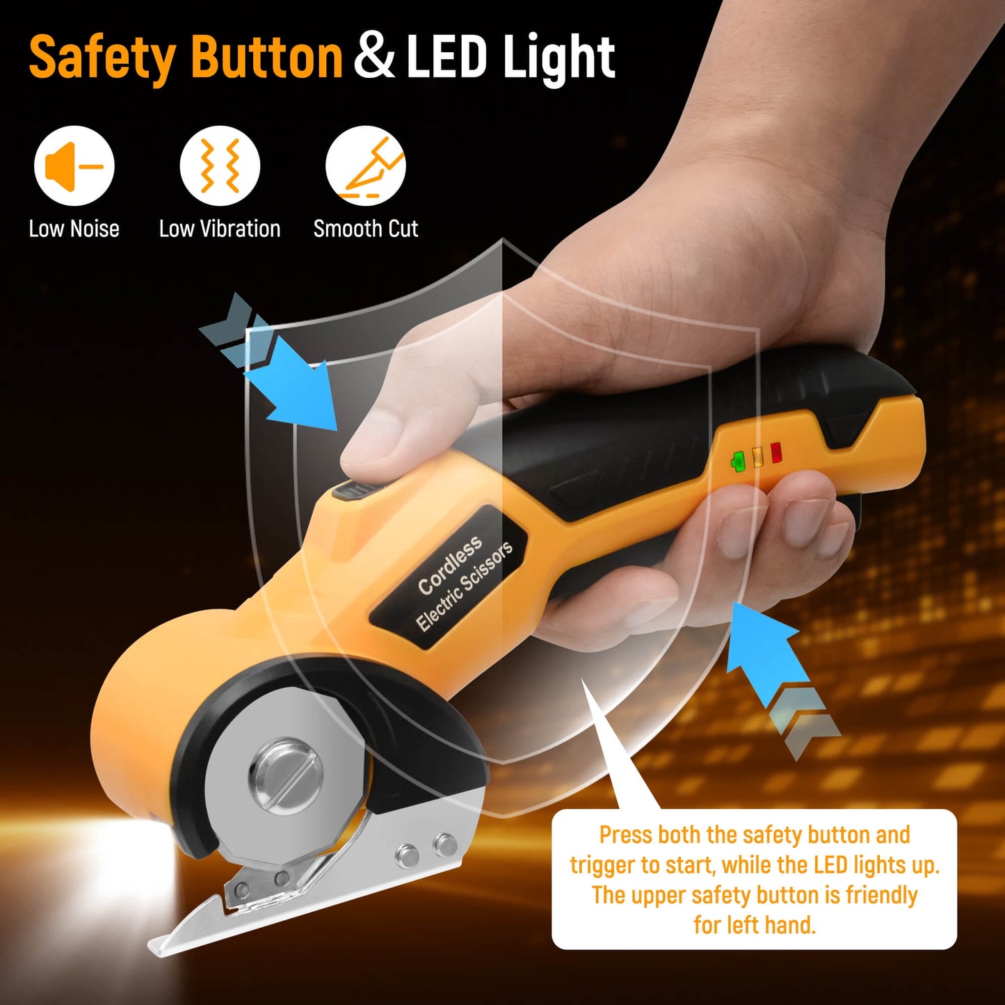Tidymend Cordless Electric Scissors, 4V Rechargeable Cardboard Cutter with LED Light & Replacement Blade, Rotary Cutter with Safety Lock for Fabric Carpet Leather Plastic Cutting (Yellow)
