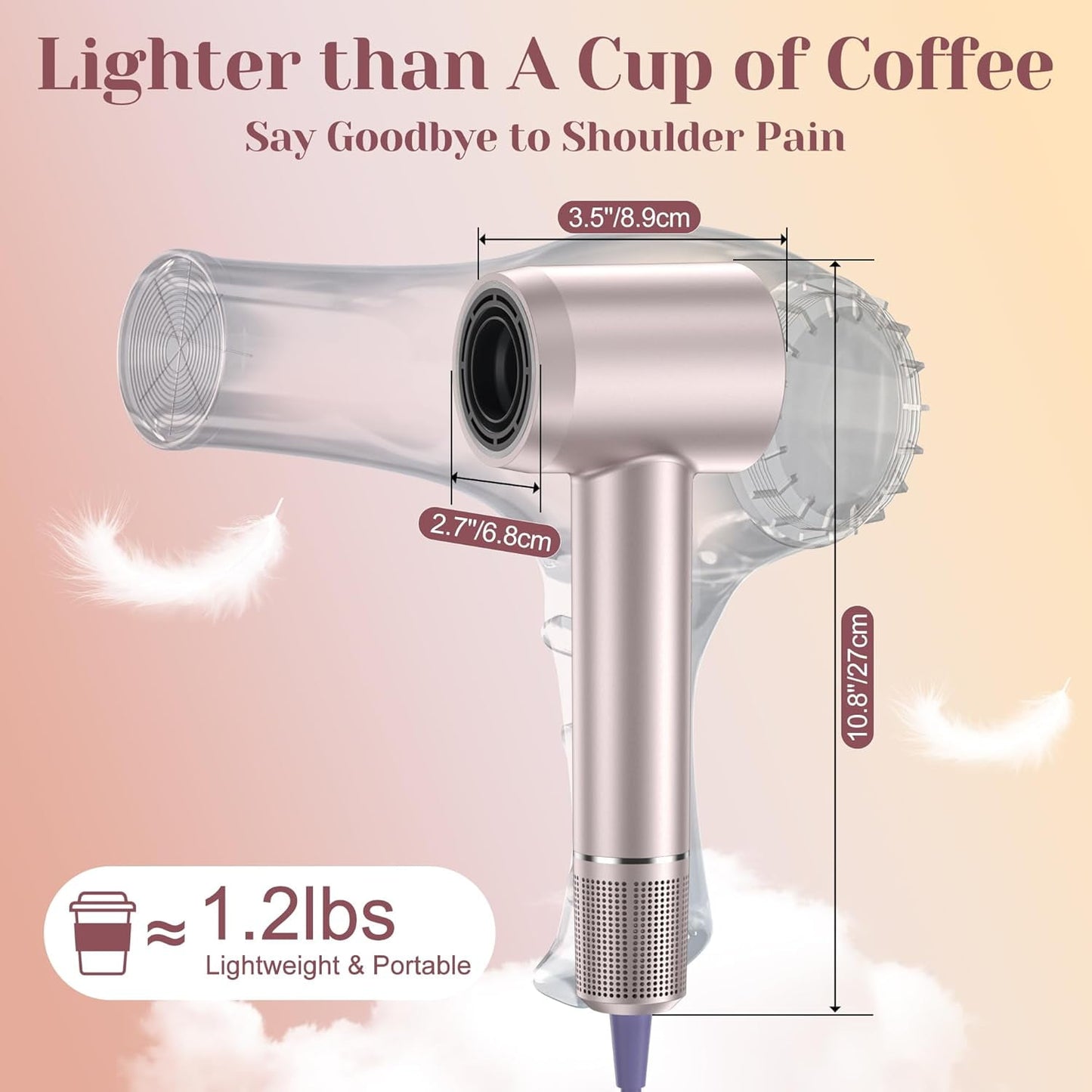 Hair Dryer, 110,000RPM High Speed Motor for Fast Drying, Low Noise Thermal Control Hair Dryer with Diffuser and Nozzle, Negative Ionic Blow Dryer for Women and Men (Rose Gold)
