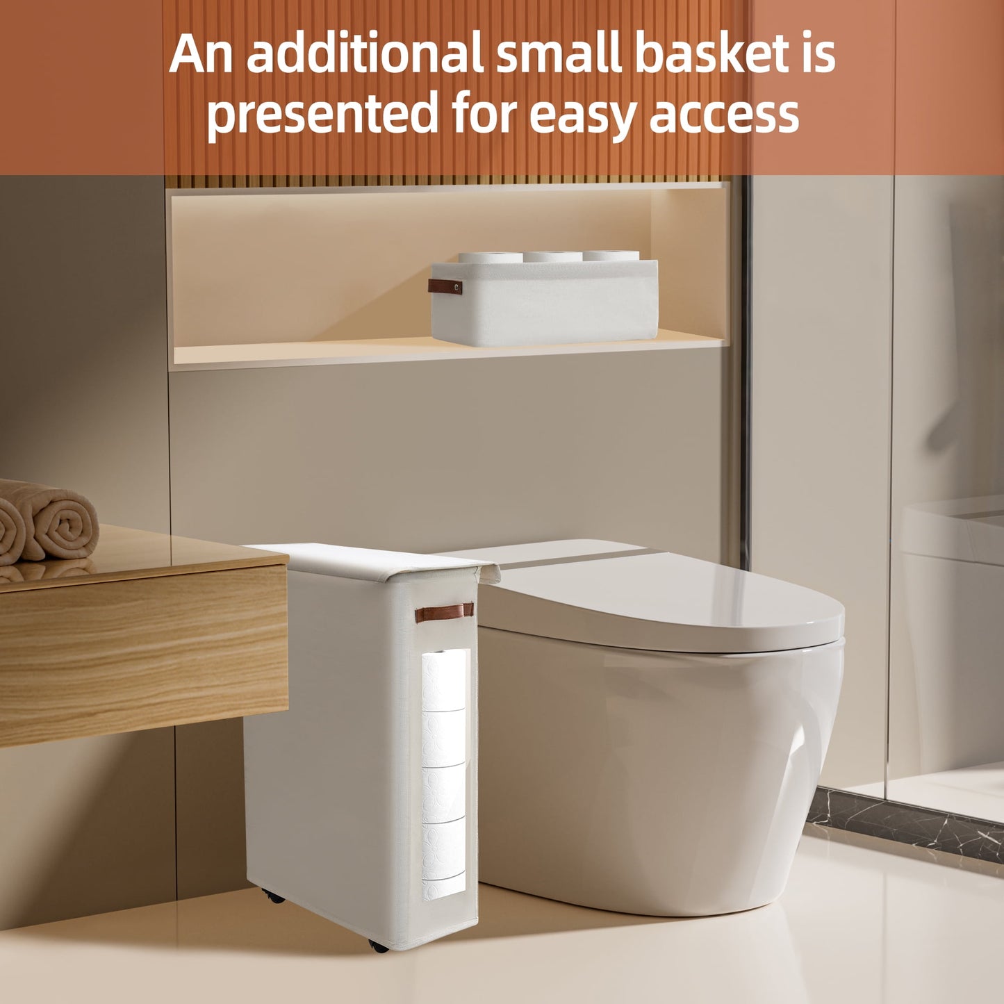 Toilet Paper Storage Basket with Wheels, 2-Piece Set Paper Roll Basket for Bathroom, Extra Large Free Standing Toilet Paper Containers for up to 20+ Regular Rolls (Beige)