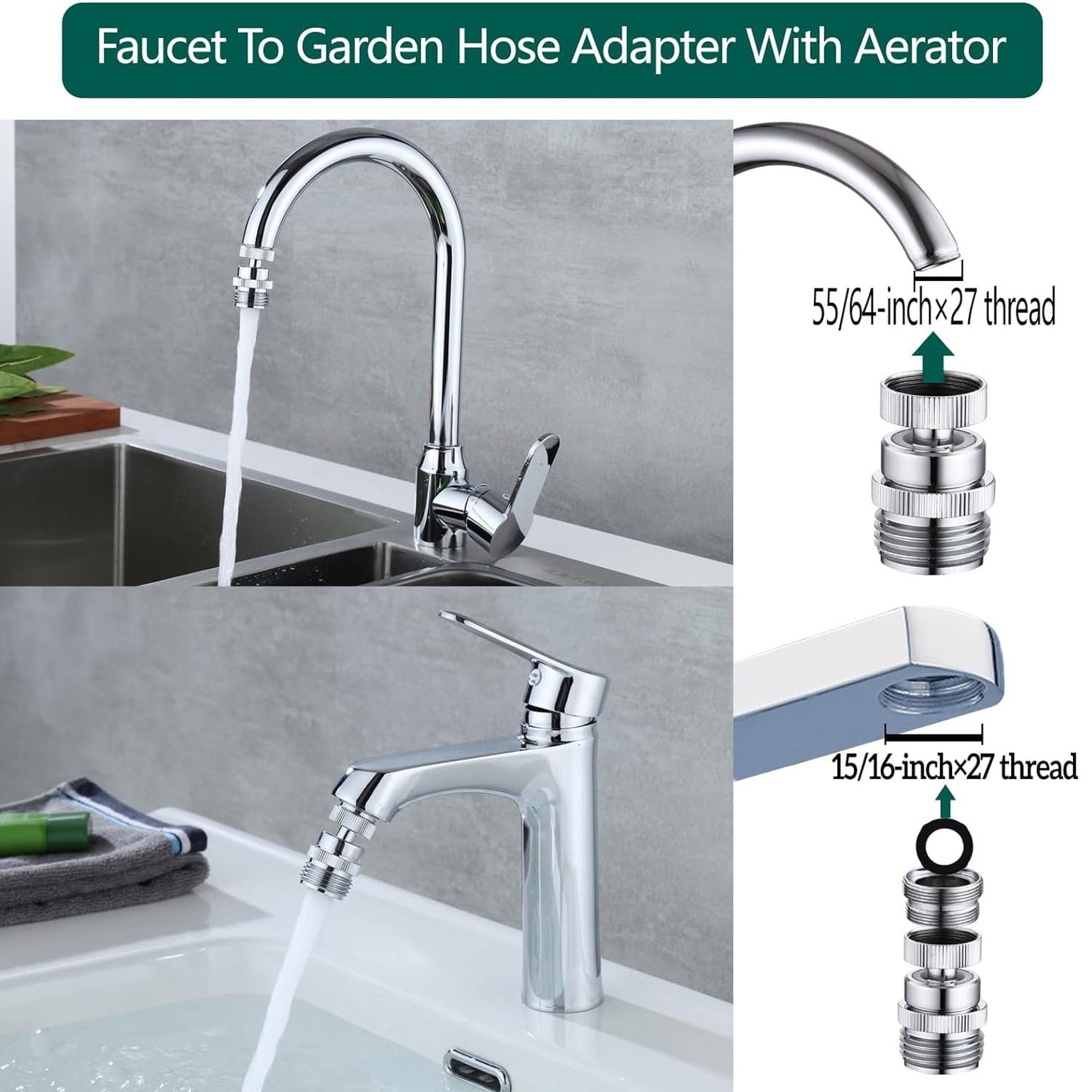 Fixdono Swivel Faucet Adapter Kit, Brass 3/4" Faucet to Garden Hose Adapter, Chrome Silver