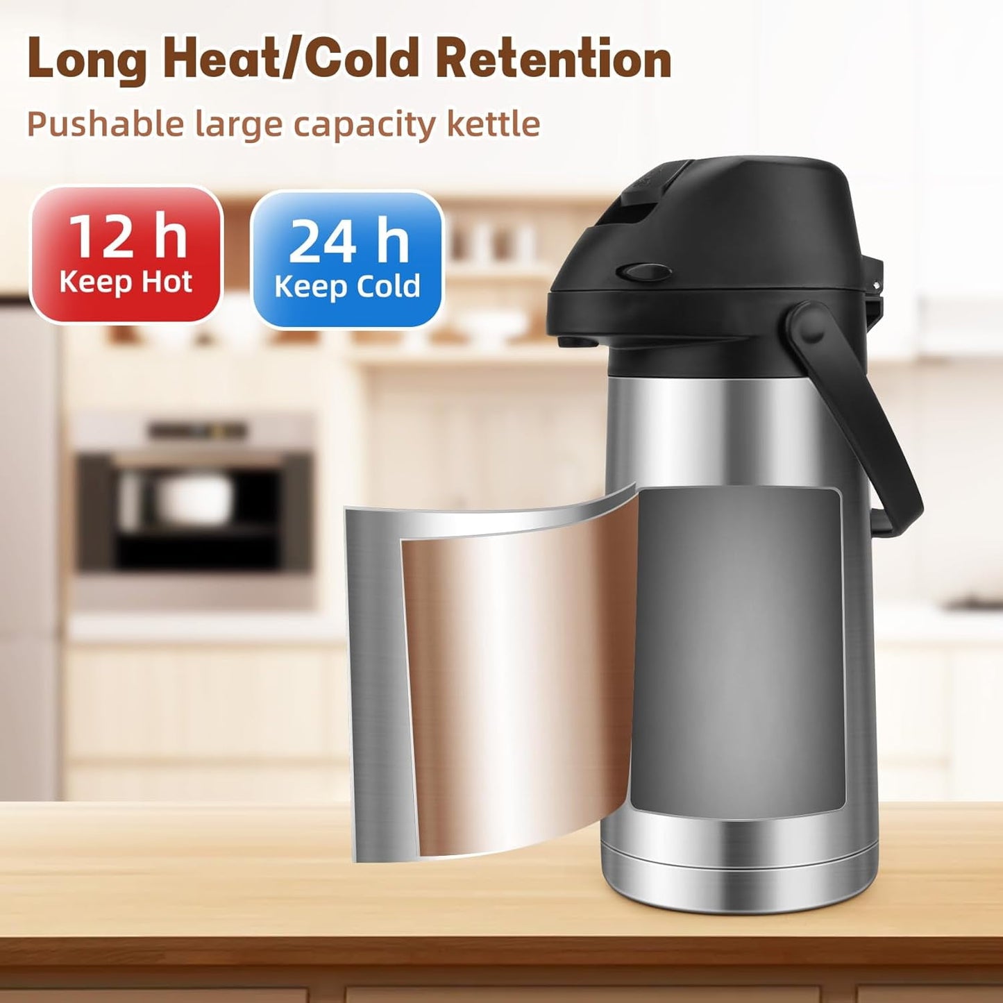 Tidymend 65oz Thermal Airpot Carafe with Pump, Stainless Steel Vacuum Insulated Coffee Dispenser for Hot and Cold Beverage (Silver)