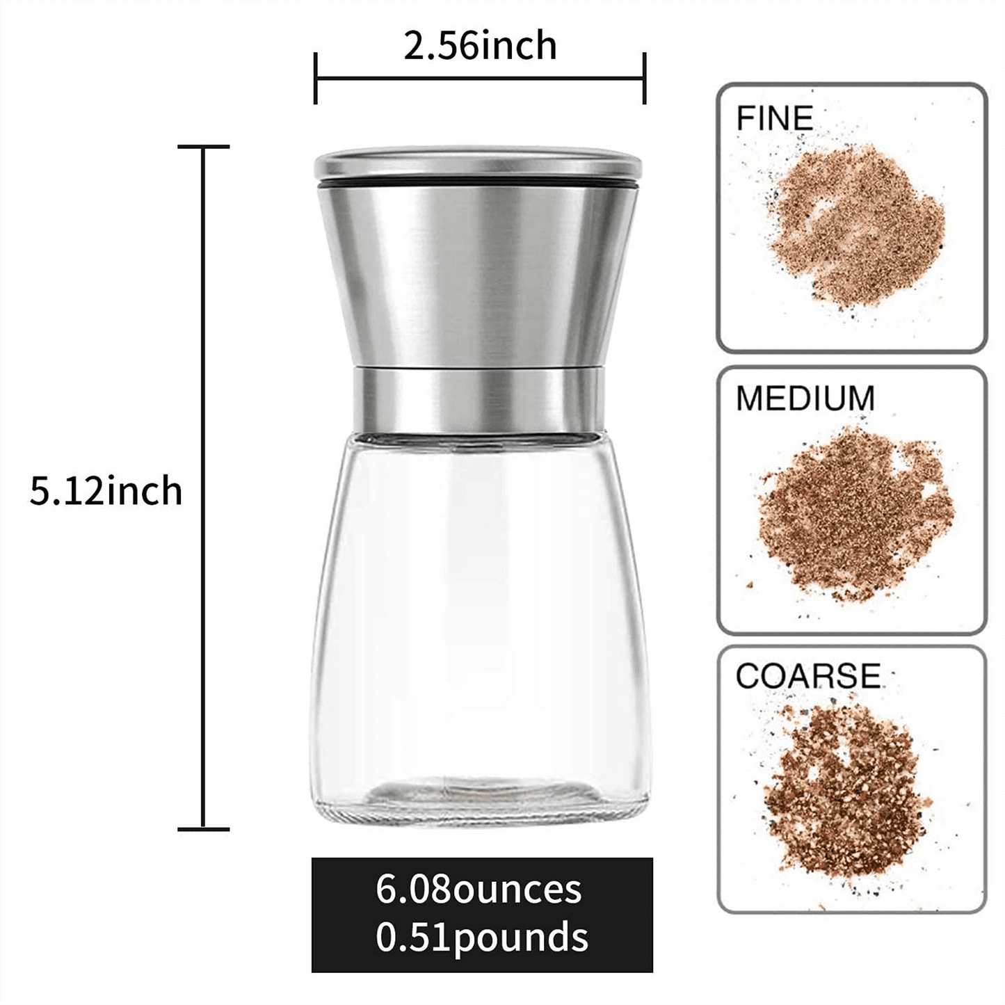 Fixdono Salt or Pepper Grinder, Manual Spice Mill, Refillable Pepper Mill Grinder, Stainless Steel, Adjustable Coarseness, 180ml/6oz, Perfect for Peppercorn, Salt or Spice