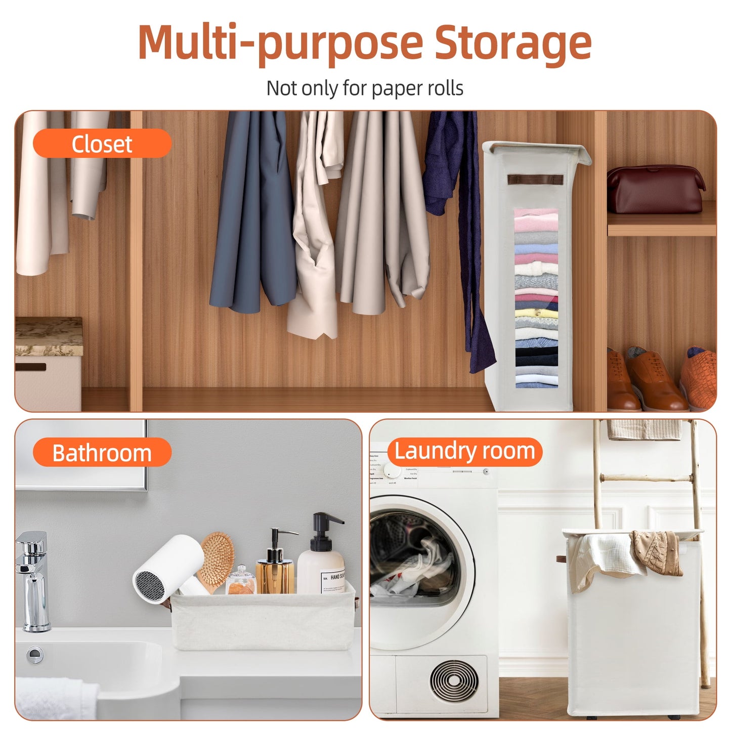 Toilet Paper Storage Basket with Wheels, 2-Piece Set Paper Roll Basket for Bathroom, Extra Large Free Standing Toilet Paper Containers for up to 20+ Regular Rolls (Beige)
