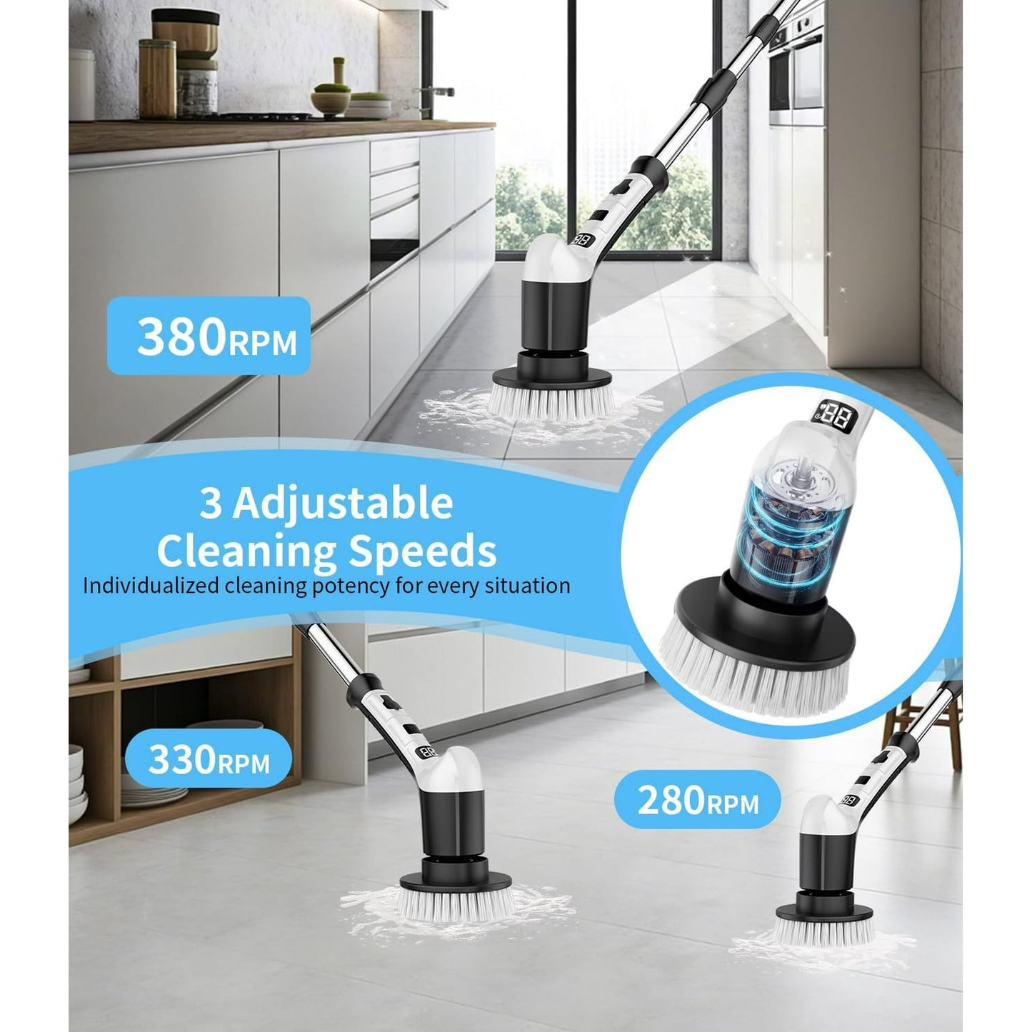 Lightweight Electric Spin Scrubber, Adjustable Handle, 3 Speed Mode Power Electric Scrubber for Cleaning, Cordless Shower Cleaning Brush with 8 Brush Heads for Bathroom,Tub,Floor,Tile(Black-White)