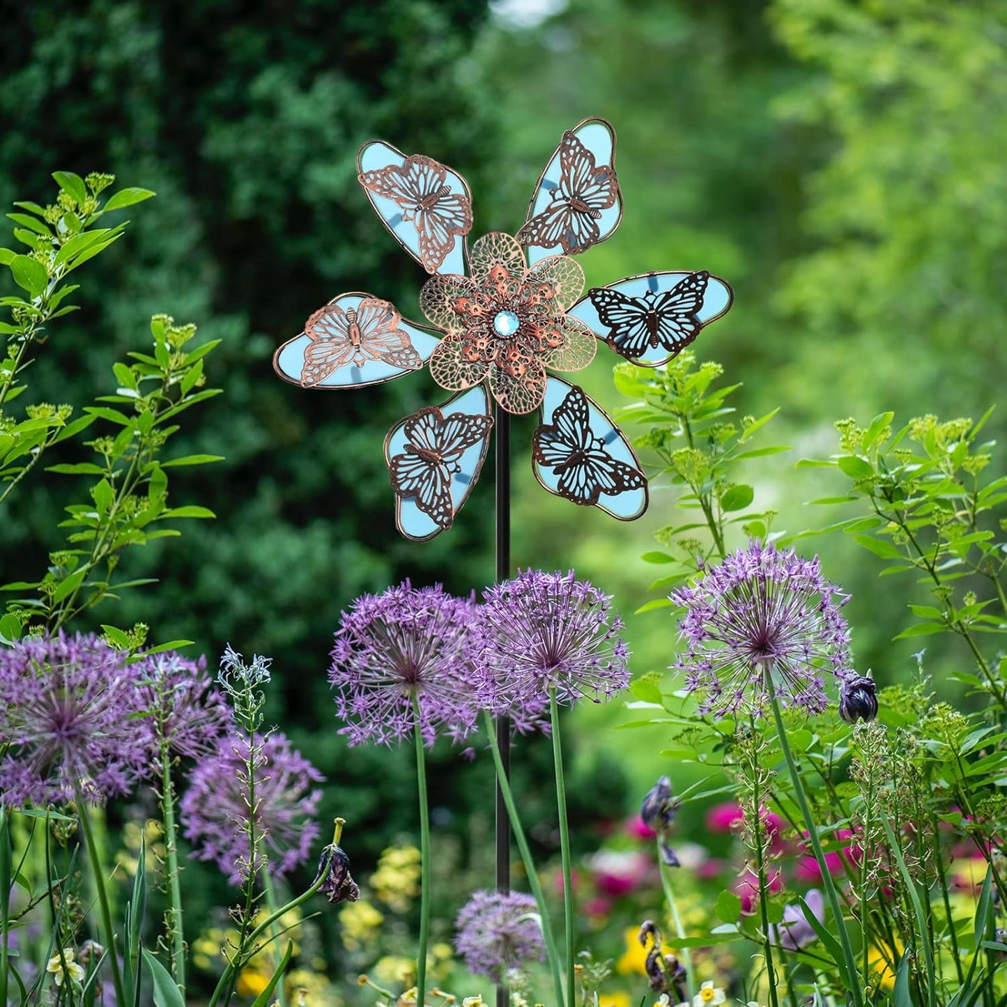 Fixdono Metal Wind Spinner, 35" Luminous Butterfly Windmill Yard Art Decor for Garden Patio Lawn