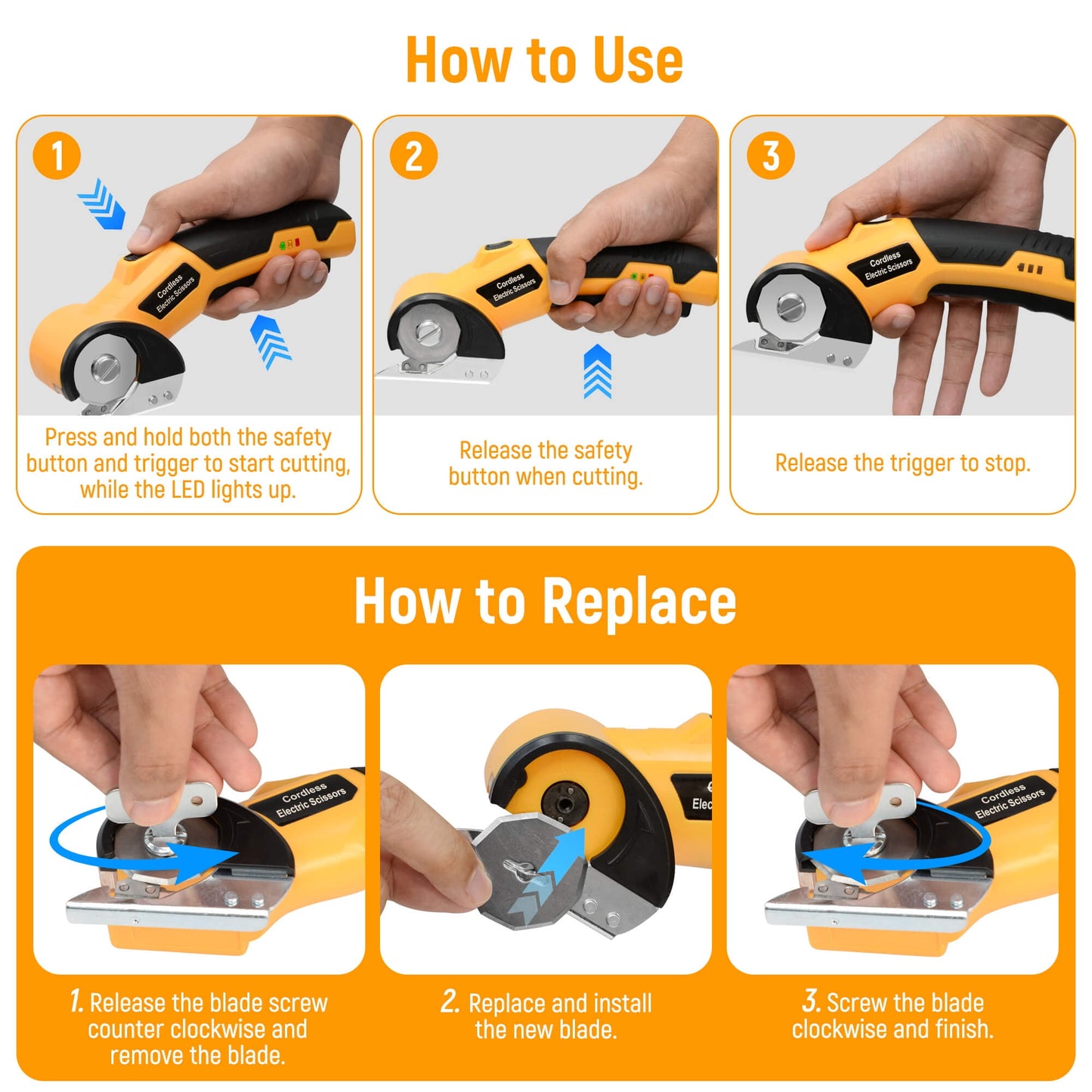 Tidymend Cordless Electric Scissors, 4V Rechargeable Cardboard Cutter with LED Light & Replacement Blade, Rotary Cutter with Safety Lock for Fabric Carpet Leather Plastic Cutting (Yellow)