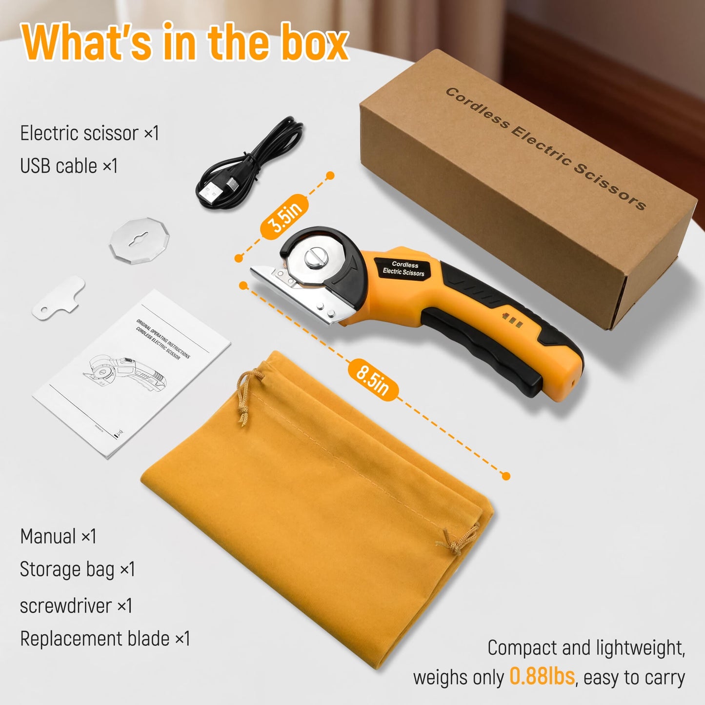 Tidymend Cordless Electric Scissors, 4V Rechargeable Cardboard Cutter with LED Light & Replacement Blade, Rotary Cutter with Safety Lock for Fabric Carpet Leather Plastic Cutting (Yellow)