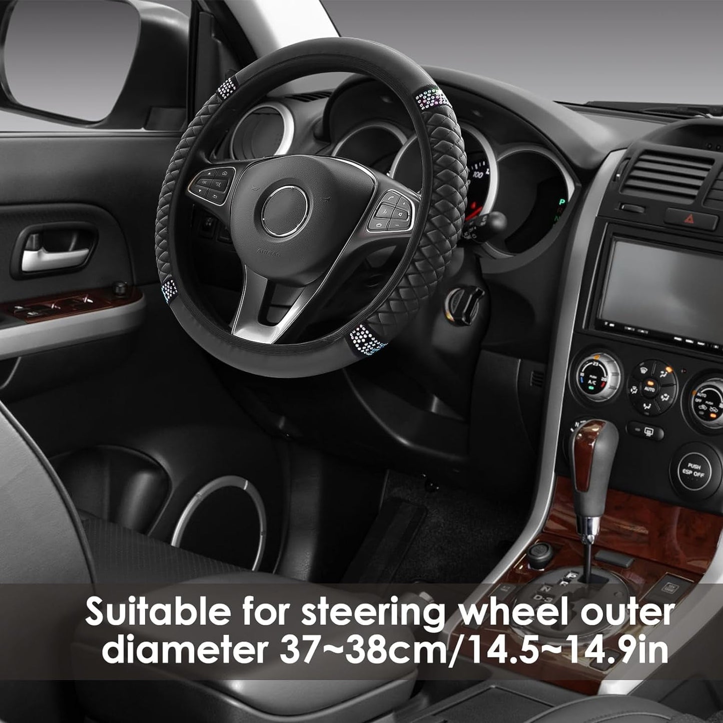 Fixdono Leather Car Steering Wheel Cover with Anti-Slip Lining, Universal 15 inch, Black
