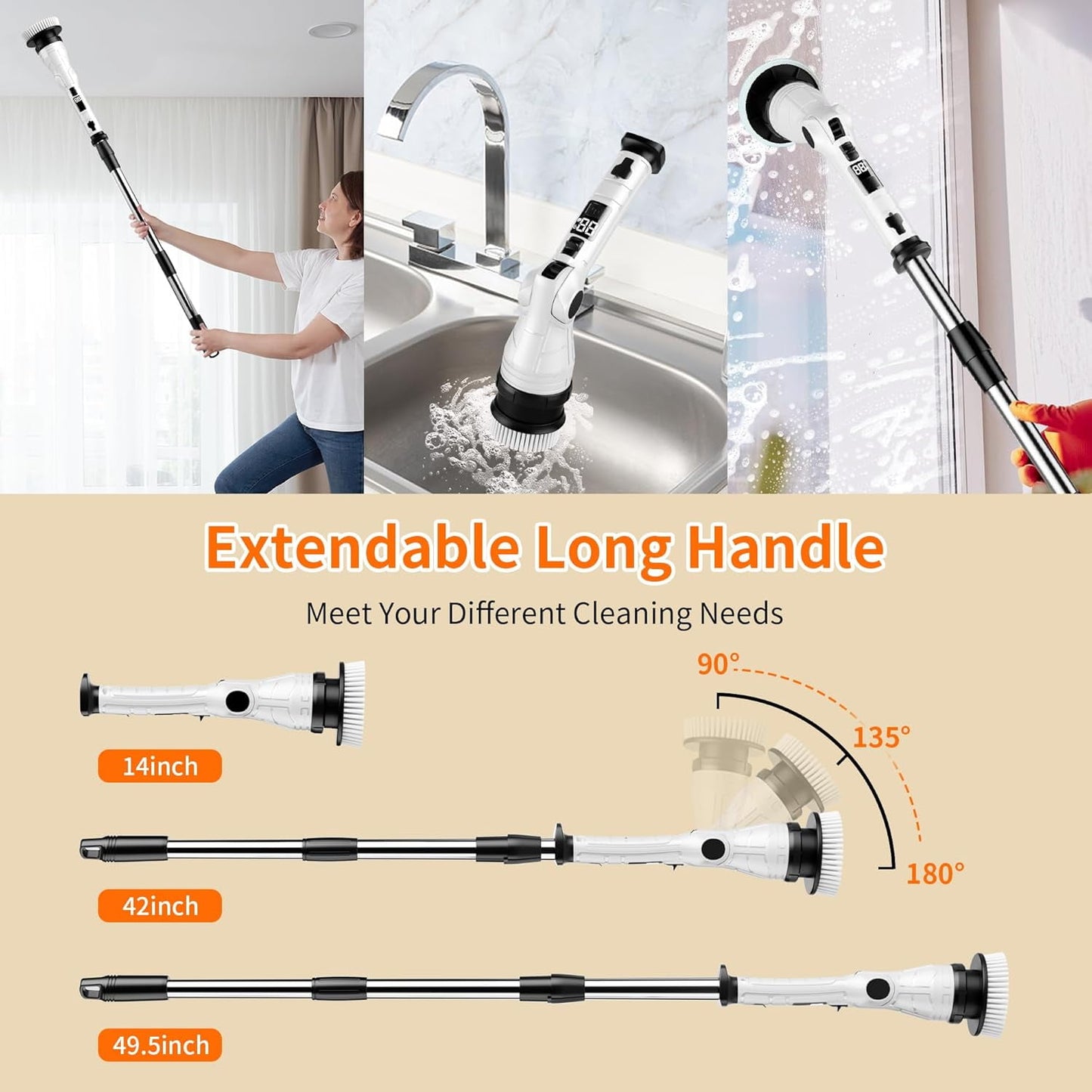 Electric Spin Scrubber, Adjustable Angle & Extension Handle, 3 Speed Mode Power Electric Scrubber for Cleaning, Cordless Shower Cleaning Brush with 8 Brush Heads for Bathroom/Tub/Floor/Tile