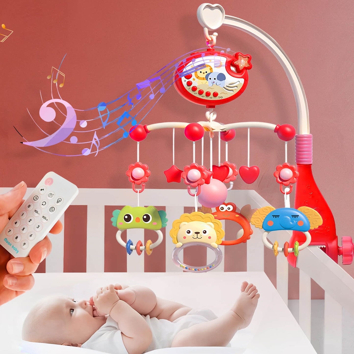 CreWear Crib Mobile with Music and Lights, Baby Mobiles for Cribs, Nursery Musical Mobile for Bassinets Toys Hanging Girls Boys
