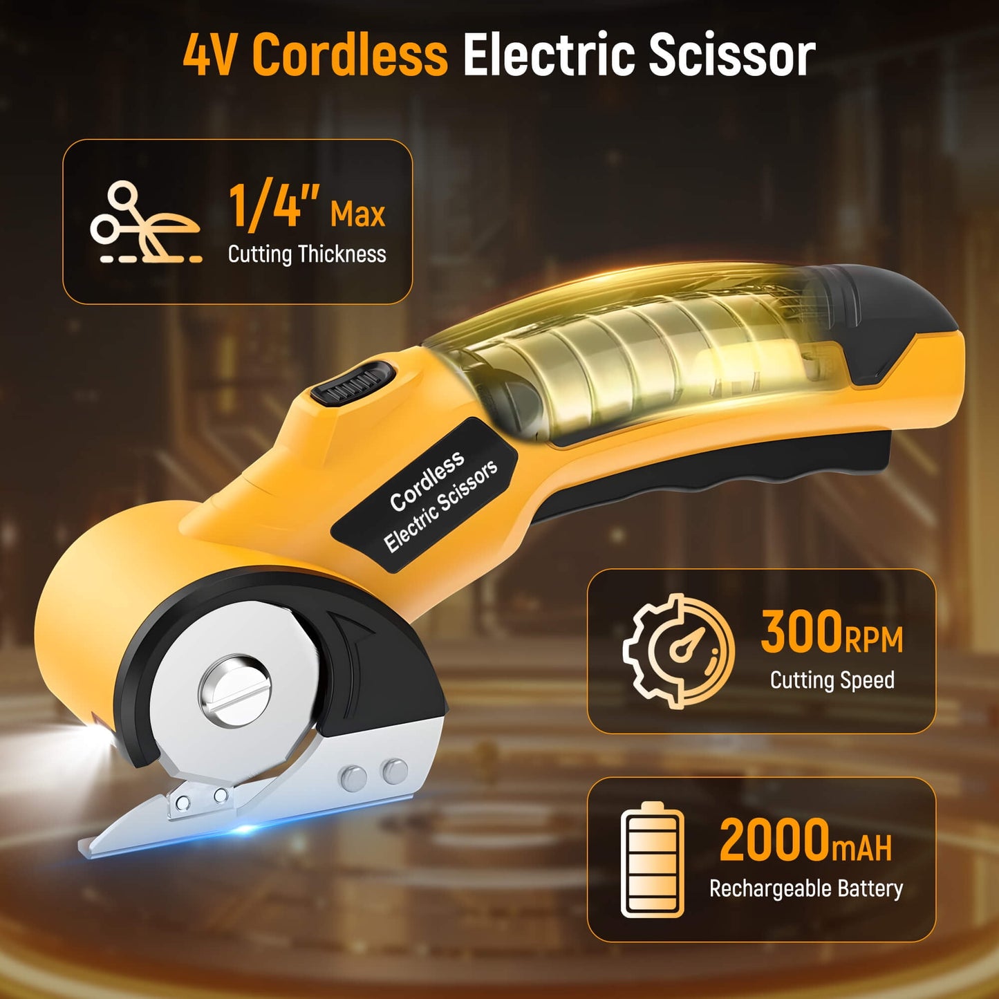 Tidymend Cordless Electric Scissors, 4V Rechargeable Cardboard Cutter with LED Light & Replacement Blade, Rotary Cutter with Safety Lock for Fabric Carpet Leather Plastic Cutting (Yellow)