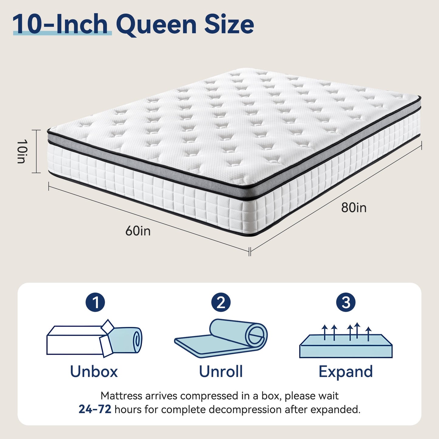 Hillnova 10" Queen Mattress, Euro Top Foam & Pocket Spring Hybrid Mattress in a Box, Plush Comfort, Pressure Relief and Motion Isolation