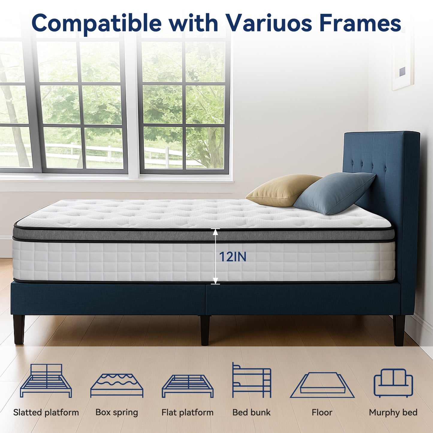 Hillnova 12" Twin Mattress, Euro Top Foam & Pocket Spring Hybrid Mattress in a Box, Plush Comfort, Pressure Relief and Motion Isolation