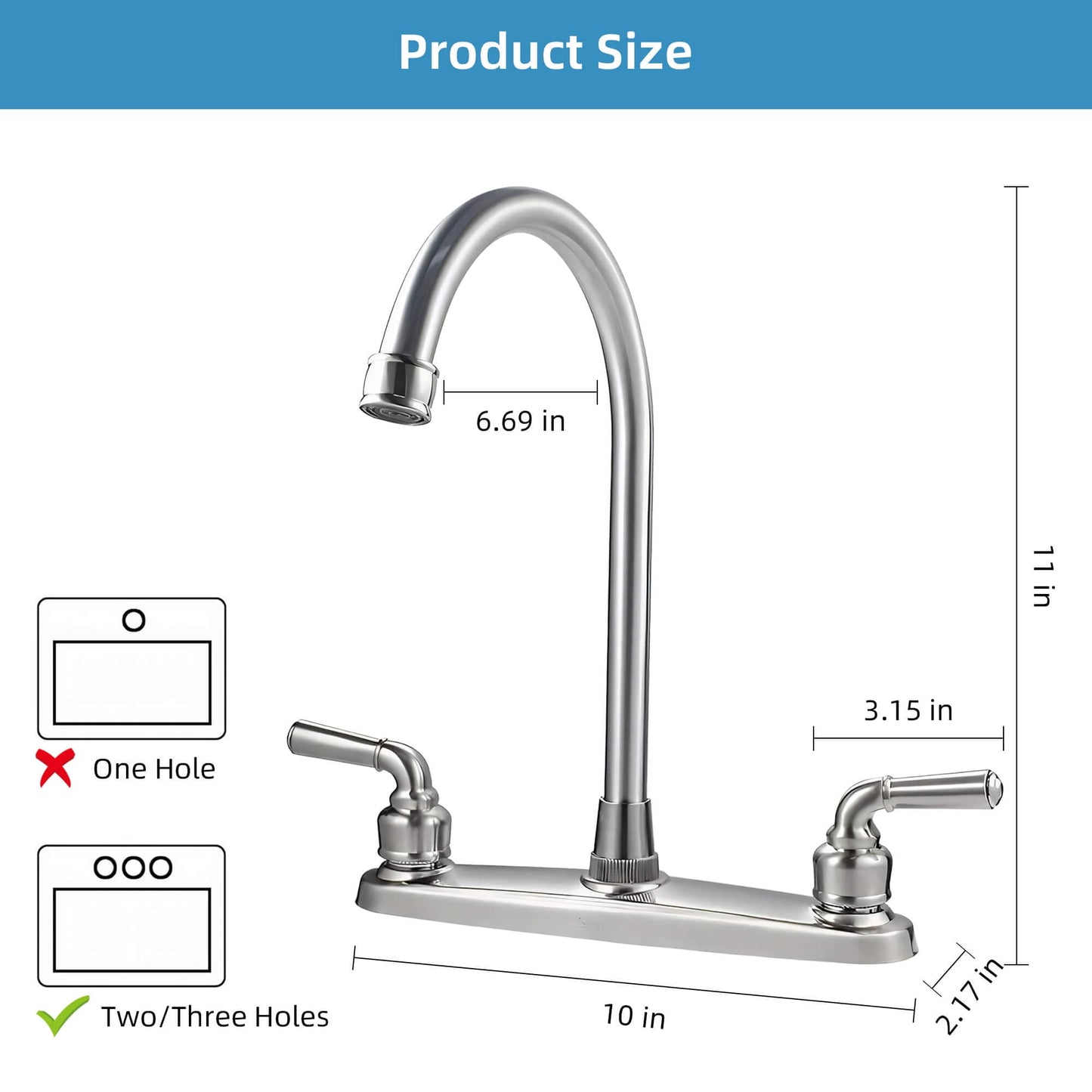 Fixdono 2 Handle Kitchen Sink Faucet, High Arc 360 Swivel Stainless Steel Pipe 3 Hole Kitchen Faucet for RV Laundry Farmhouse Bar Sink, Silver