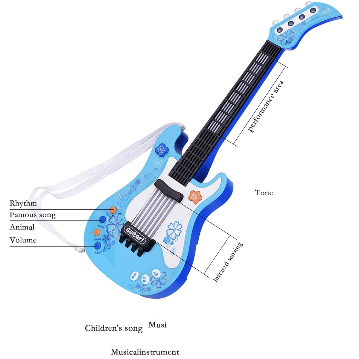 Kids Guitar for Children, Music Toys Guitar for Kids Toddler Electric Guitar with Strap, Kids Blue Guitar Musical Instrument Toys