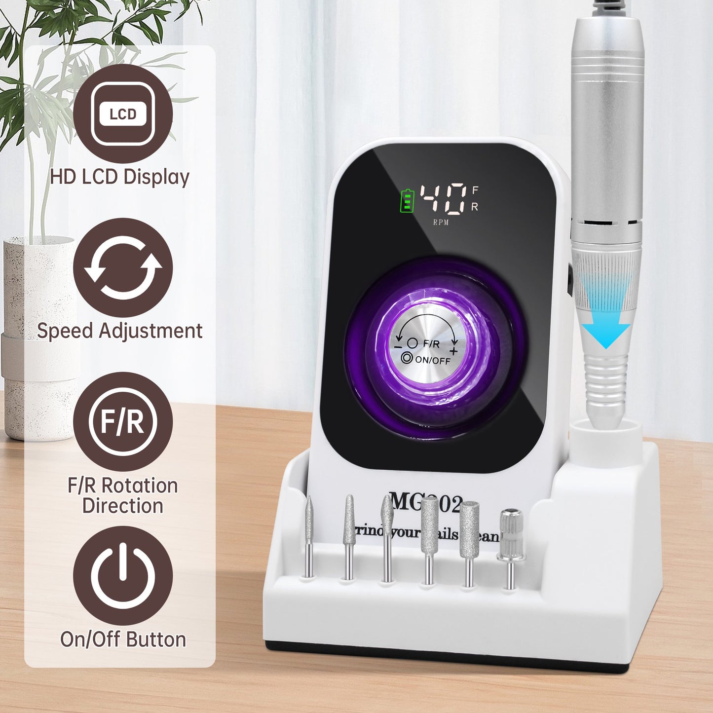Sentryse Electric Nail Drill 40000RPM Professional Electric File Rechargeable Nail Drill Machine with LCD Display & Base & 7 Bits for Salon Manicures