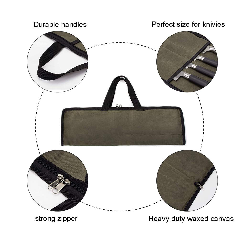 1 Pcs Chef Knife Roll Bag with 4 Slots, Portable Waterproof Waxed Canvas Culinary Roll for Cooking