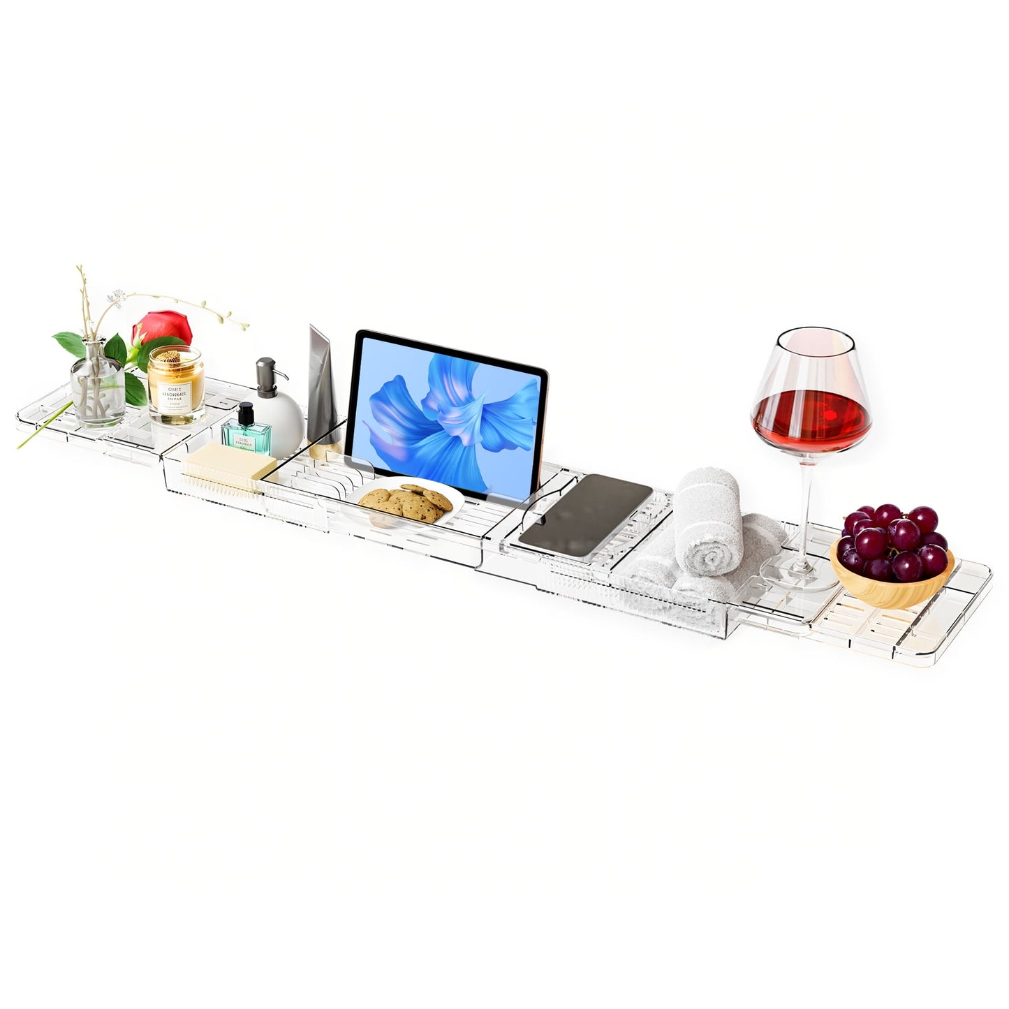 Bathtub Caddy Tray, Adjustable Bath Tray for Tub, Clear Tub Caddy Tray with Tablet PC Holder & Wine Glass Holder, Tub Caddy for Bathroom Luxury Spa, Fits Most Tubs