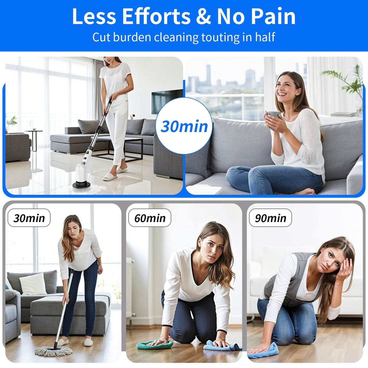 Lightweight Electric Spin Scrubber, Adjustable Handle, 3 Speed Mode Power Electric Scrubber for Cleaning, Cordless Shower Cleaning Brush with 8 Brush Heads for Bathroom, Tub, Floor, Tile (White)