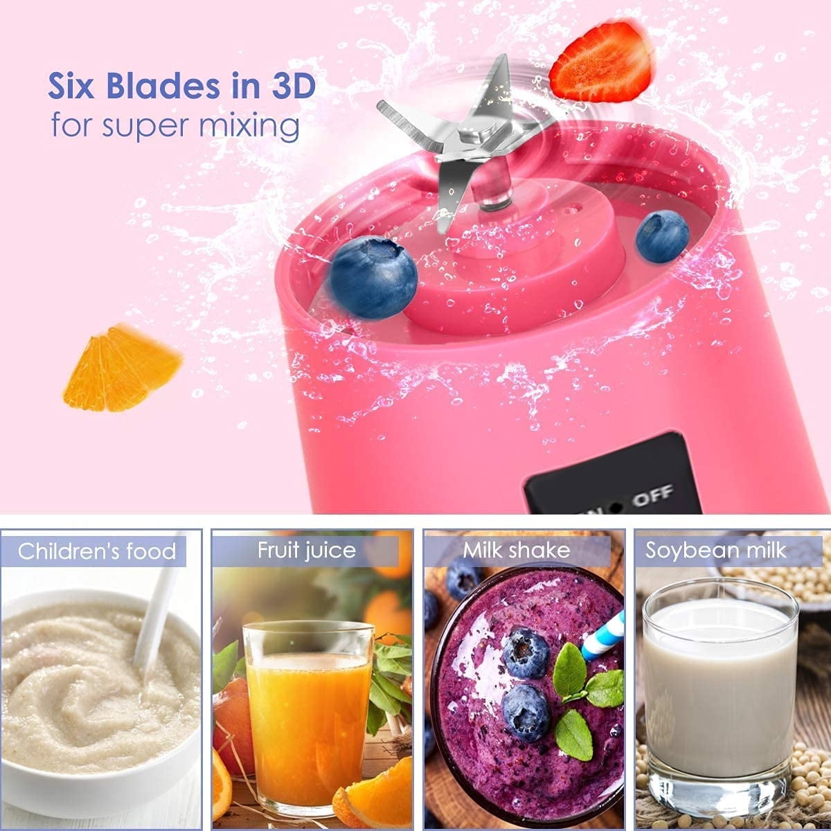 1 Pcs Portable Blender Travel Juicer Smoothie Juicer Cup - four Blades in 3D, Fruit Mixing Machine with 2000mAh USB Rechargeable Batteries